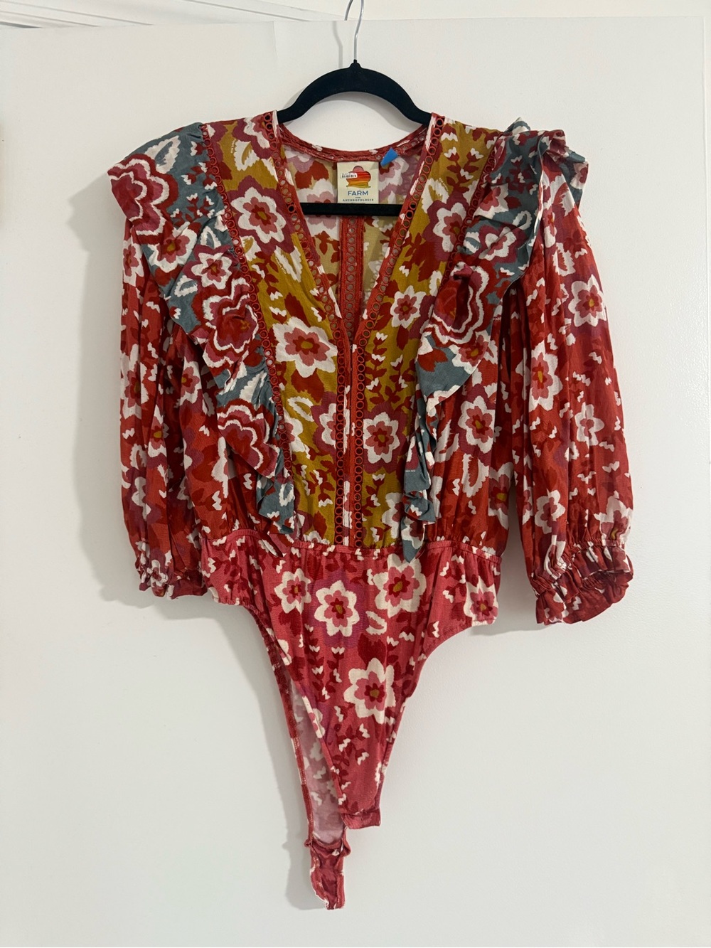 FARM Rio Red Floral Ruffle-Trim Bodysuit with Mustard Accent